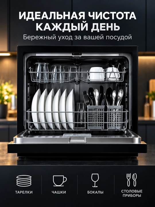 Посудомоечная машина HOFMANN DW-67TBK/HF, 6 комплектов, 7 программ, сенсорное управление