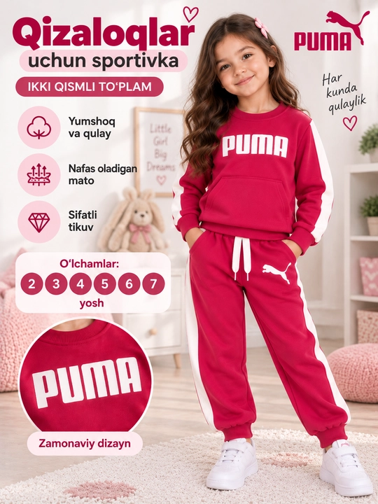 Bolalar uchun PUMA sportivka dvoyka, qiz va o‘g‘il bolalar kostyumi 2–7 yosh
