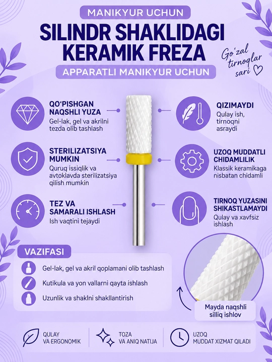 Керамическая фреза для маникюра, цилиндрическая форма  - 