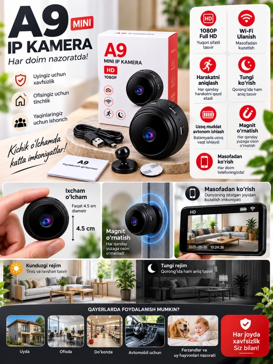 A9 Mini IP Kamera — ixcham va qulay kuzatuv kamerasi - 