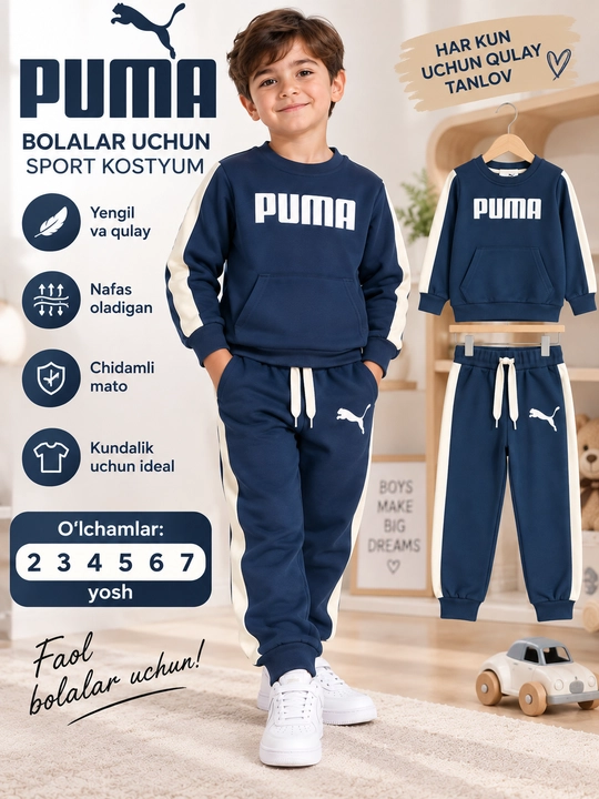 Bolalar uchun PUMA sportivka dvoyka, qiz va o‘g‘il bolalar kostyumi 2–7 yosh