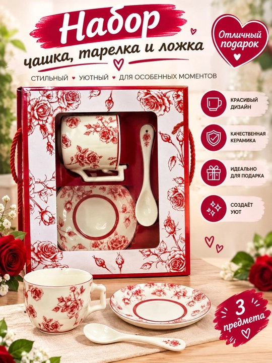  Chashka, likopcha va qoshiqdan iborat sovg‘alik to‘plam - 