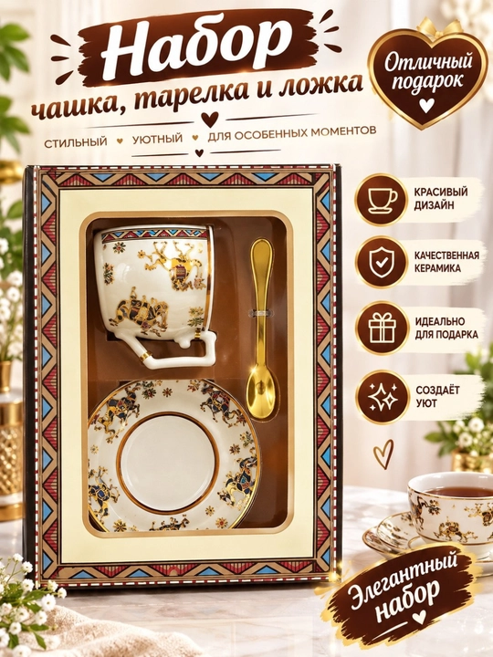  Chashka, likopcha va qoshiqdan iborat sovg‘alik to‘plam - 