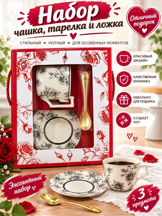  Chashka, likopcha va qoshiqdan iborat sovg‘alik to‘plam - 