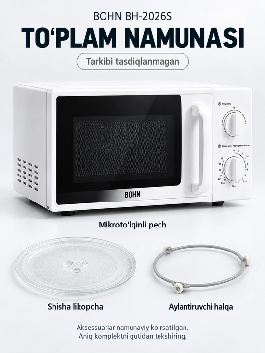 BOHN BH-2026S mikroto‘lqinli pech, 20 litr, 700 Vt, mexanik boshqaruv, oq