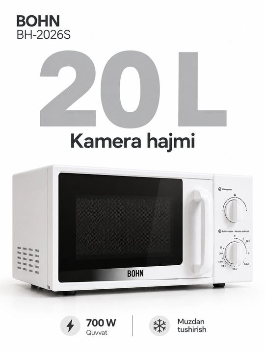 BOHN BH-2026S mikroto‘lqinli pech, 20 litr, 700 Vt, mexanik boshqaruv, oq