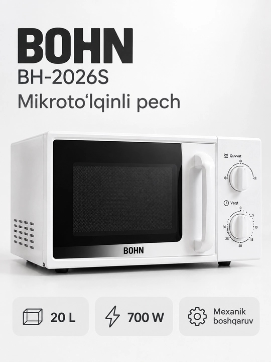 BOHN BH-2026S mikroto‘lqinli pech, 20 litr, 700 Vt, mexanik boshqaruv, oq - 