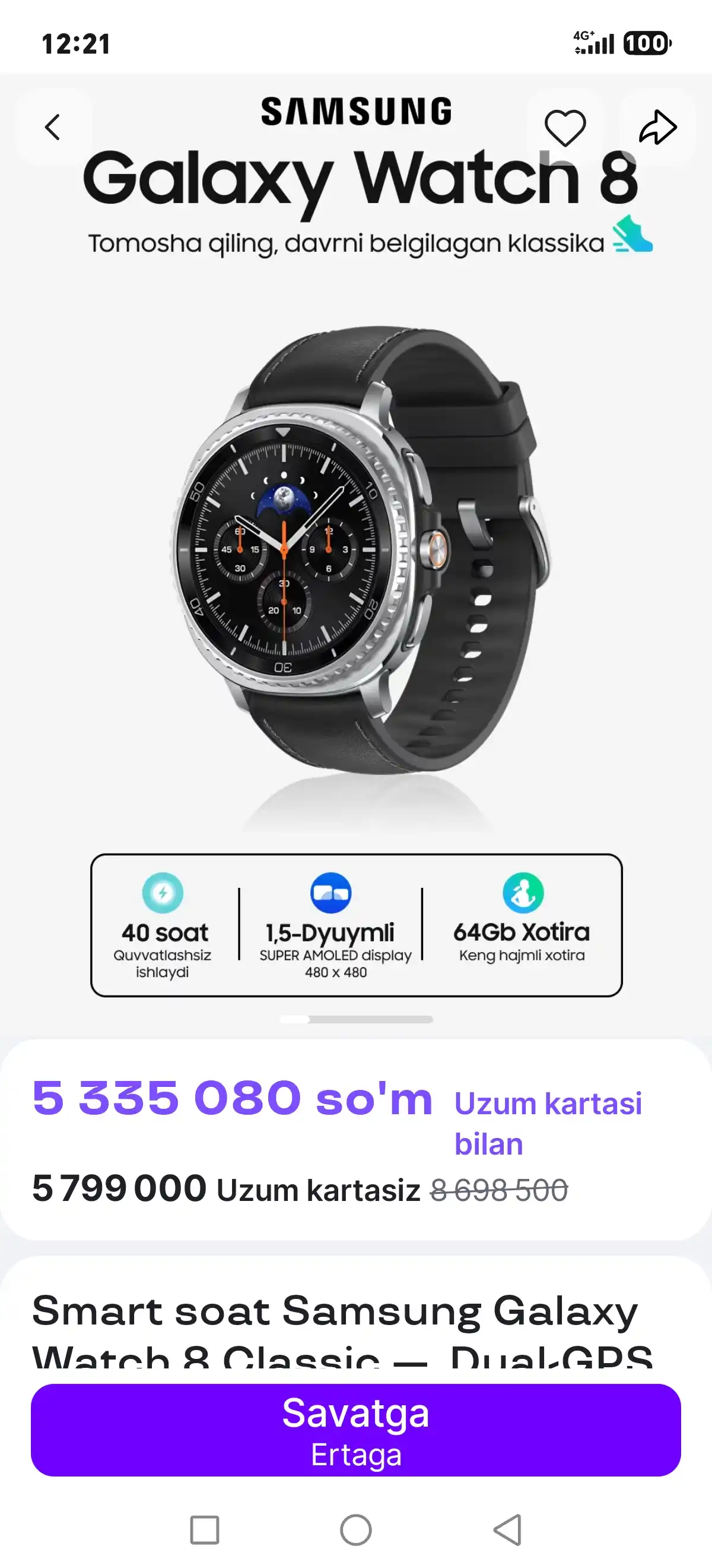 Galaxy Watch8 Classic — AMOLED displeyli zamonaviy aqlli soat