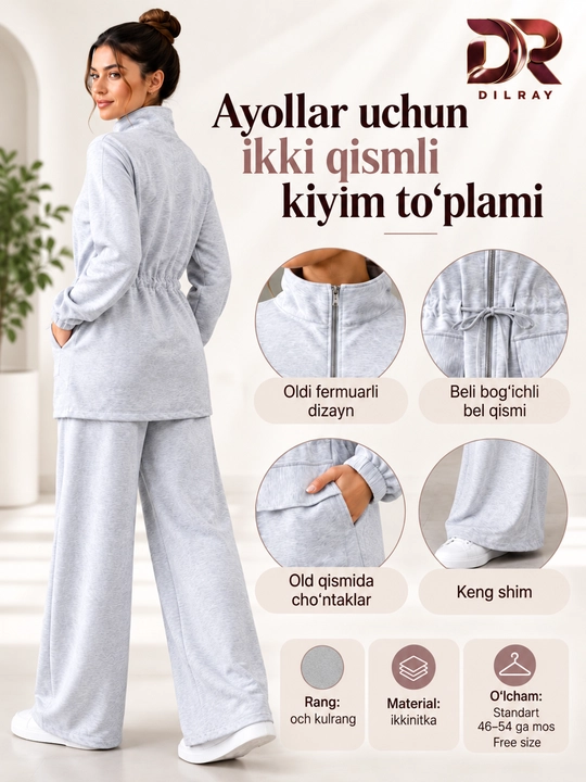 Ayollar uchun ikki qismli sport uslubidagi kiyim to‘plami, ikkinitka