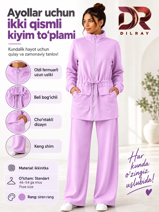 Ayollar uchun ikki qismli sport uslubidagi kiyim to‘plami, ikkinitka