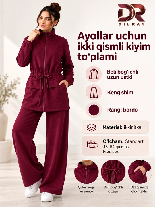 Ayollar uchun ikki qismli sport uslubidagi kiyim to‘plami, ikkinitka