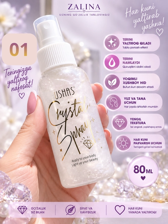 Спрей-шиммер для тела с блёстками USHAS Crystal Spray — 4 оттенка
