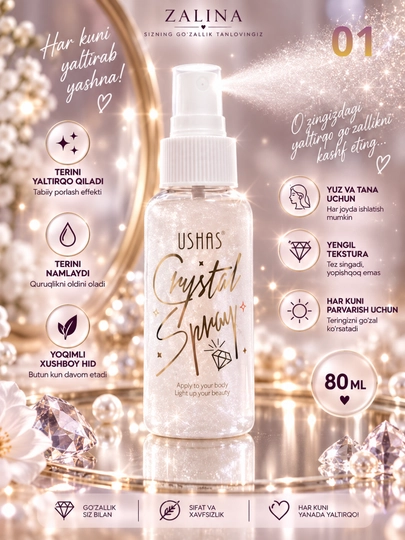 Спрей-шиммер для тела с блёстками USHAS Crystal Spray — 4 оттенка