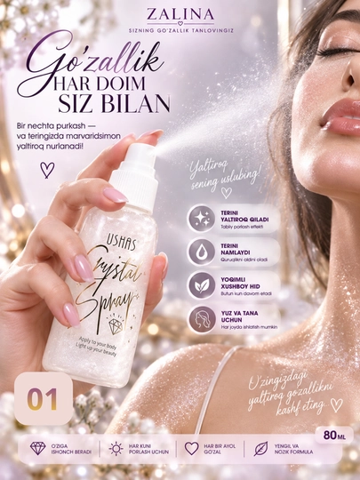 Спрей-шиммер для тела с блёстками USHAS Crystal Spray — 4 оттенка