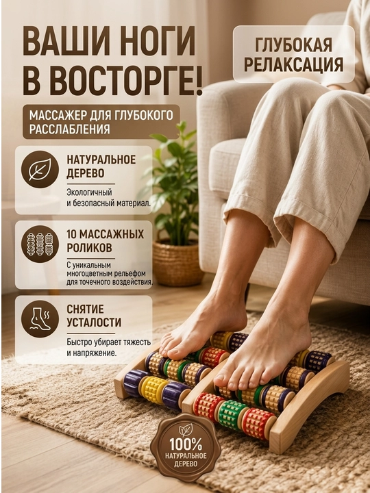 Массажер для ног, роликовый, деревянный, снимает стресс, боль и усталость - 