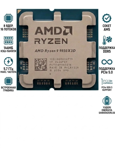 AMD Ryzen 7 9850X3D, 8 ядер 16 потоков, 5.6GHz, 104MB кэш, AM5, DDR5, Zen 5, X3D Gaming ПК - 