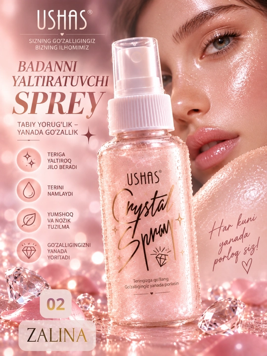 Спрей-шиммер для тела с блёстками USHAS Crystal Spray — 4 оттенка - 