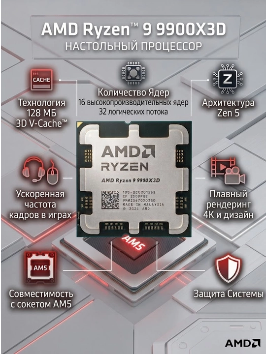 Процессор AMD Ryzen 9 9900X3D AM5, 12 ядер, 3D V-Cache, мощный для игр и работы, оригинал