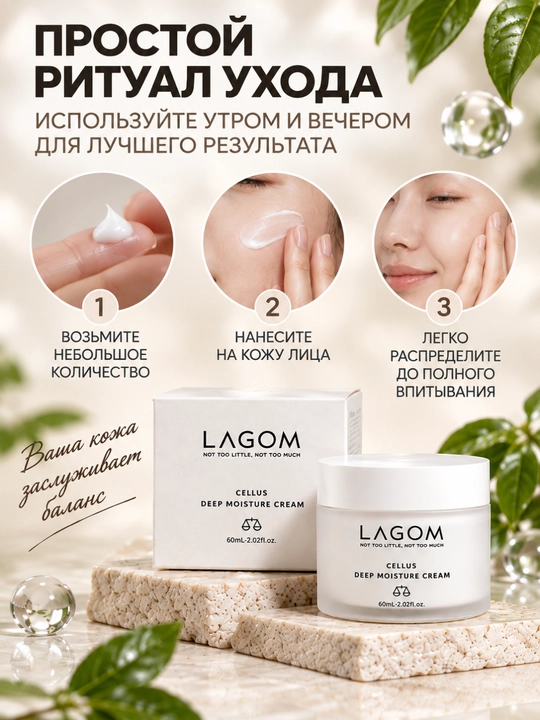 Крем для лица LAGOM Cellus Deep Moisture, увлажняющий, для сухой кожи, 60 мл