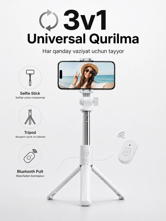 Selfie Stick Tripod K1 Bluetooth Pultli, 70 sm Monopod va Telefon Shtativi 3v1