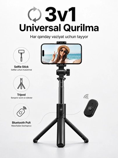 Selfie Stick Tripod K1 Bluetooth Pultli, 70 sm Monopod va Telefon Shtativi 3v1