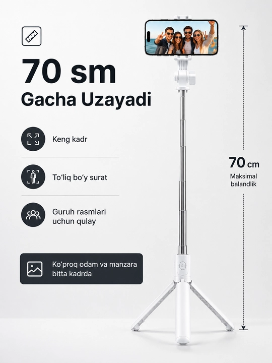 Selfie Stick Tripod K1 Bluetooth Pultli, 70 sm Monopod va Telefon Shtativi 3v1