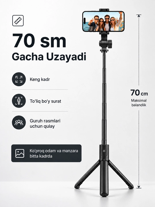 Selfie Stick Tripod K1 Bluetooth Pultli, 70 sm Monopod va Telefon Shtativi 3v1