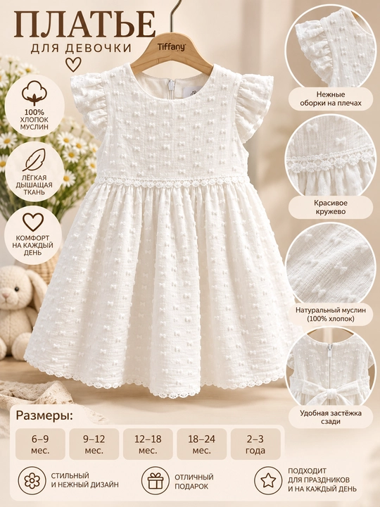 Tiffany Baby 100% paxtali muslin ko‘ylak, oq rangda, dekorativ bezakli - 