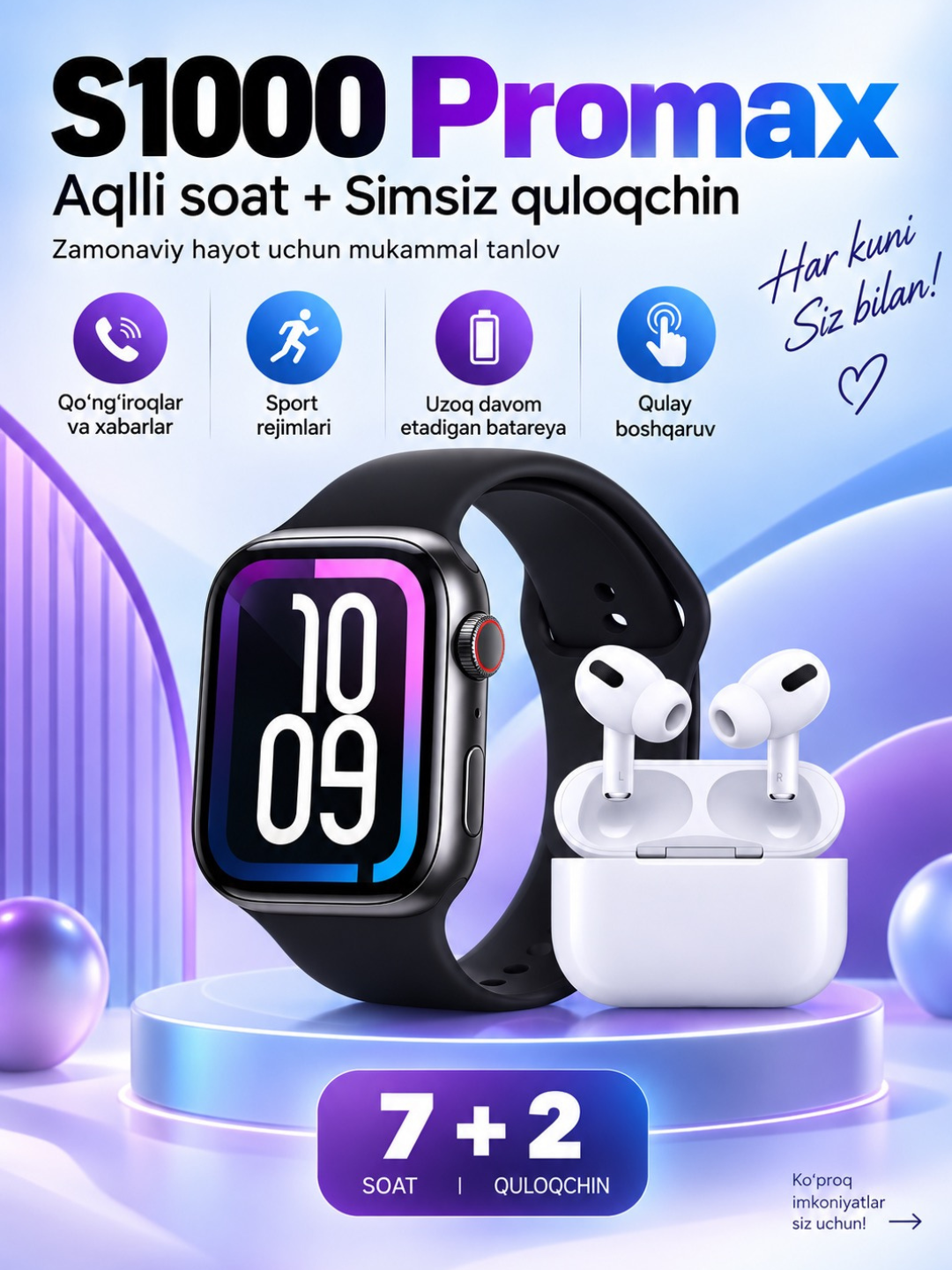 Aqlli soat va simsiz quloqchin to‘plami, 7 remeshok sport va kundalik foydalanish uchun