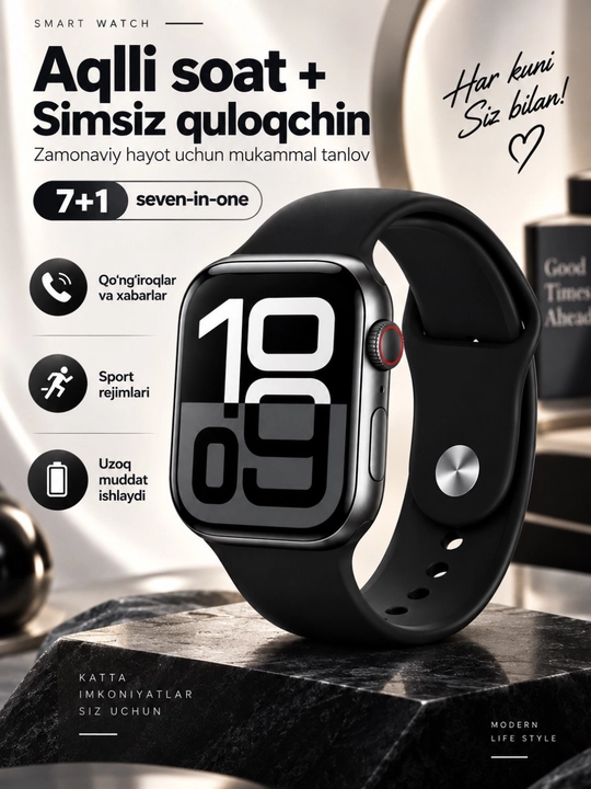Aqlli soat va simsiz quloqchin to‘plami, 7 remeshok sport va kundalik foydalanish uchun - 