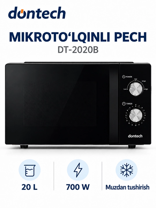 Dontech DT-2020B mikroto‘lqinli pech, 20 l, 700 Vt, mexanik boshqaruv, qora - 