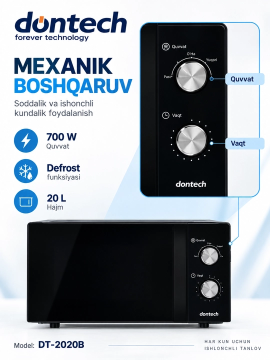 Dontech DT-2020B mikroto‘lqinli pech, 20 l, 700 Vt, mexanik boshqaruv, qora