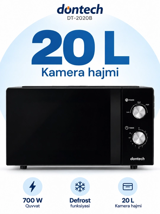 Dontech DT-2020B mikroto‘lqinli pech, 20 l, 700 Vt, mexanik boshqaruv, qora