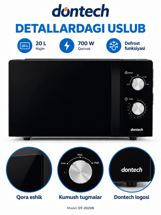 Dontech DT-2020B mikroto‘lqinli pech, 20 l, 700 Vt, mexanik boshqaruv, qora