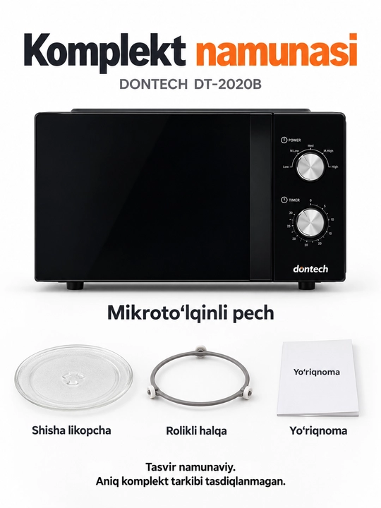 Dontech DT-2020B mikroto‘lqinli pech, 20 l, 700 Vt, mexanik boshqaruv, qora