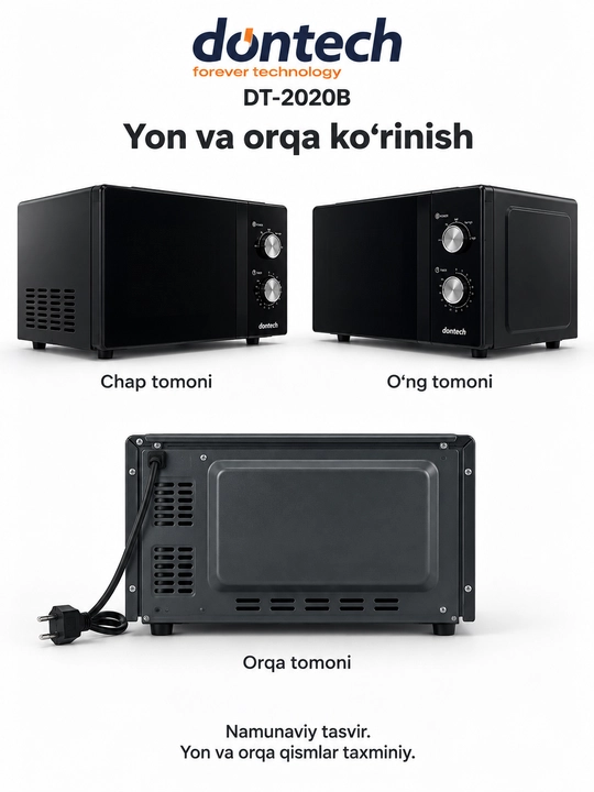 Dontech DT-2020B mikroto‘lqinli pech, 20 l, 700 Vt, mexanik boshqaruv, qora