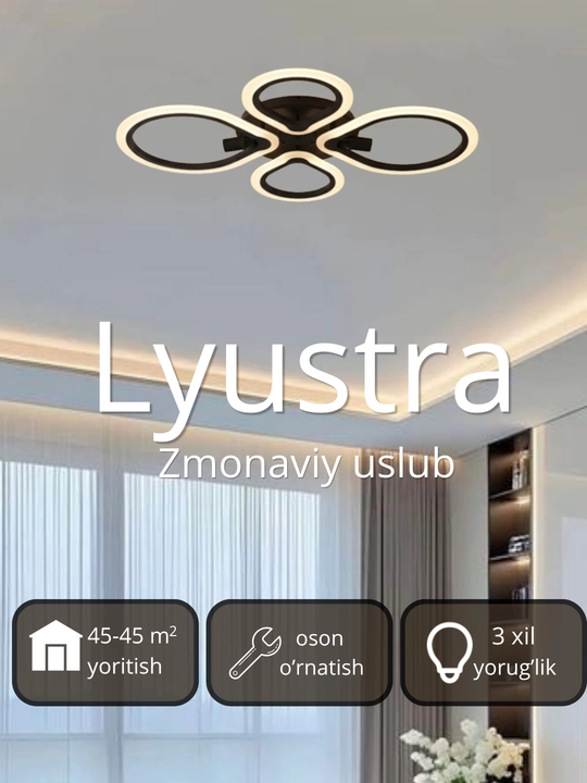 LED potolok lyustrasi 3 xil yoritish rejimi bilan, modern uslubda, tilla va qora rangda