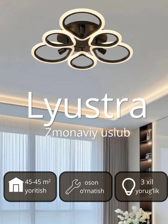 LED potolok lyustrasi 3 xil yoritish rejimi bilan, modern uslubda, tilla va qora rangda