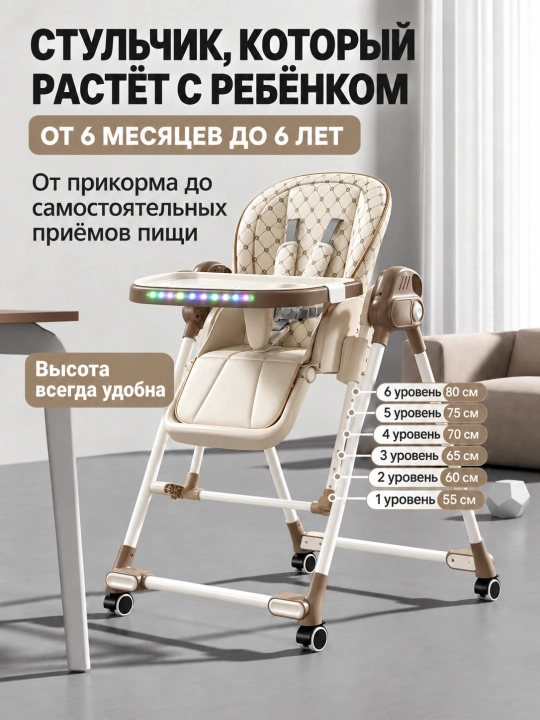 Стульчик для кормления 3 в 1 с электрокачанием, пультом, 6 уровнями высоты, складной