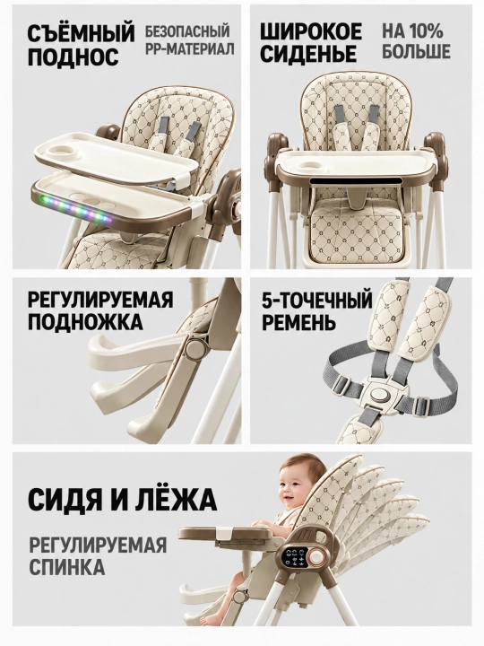 Стульчик для кормления 3 в 1 с электрокачанием, пультом, 6 уровнями высоты, складной