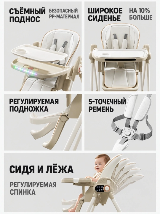Стульчик для кормления 3 в 1 с электрокачанием, пультом, 6 уровнями высоты, складной
