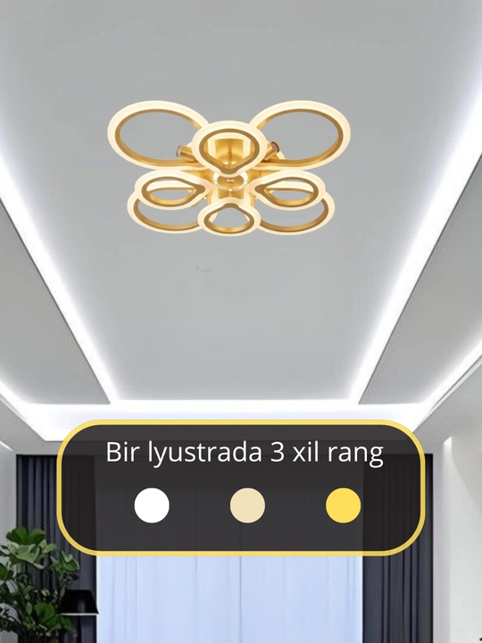 LED potolok lyustrasi 3 xil yoritish rejimi bilan, modern uslubda, tilla va qora rangda