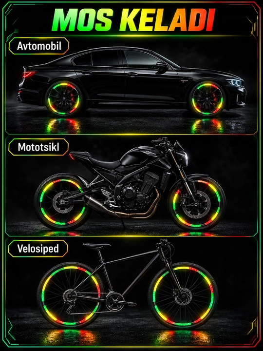 Velosiped avtomobil va mototsikl g‘ildiraklari uchun nur qaytaruvchi stikerlar 20 dona