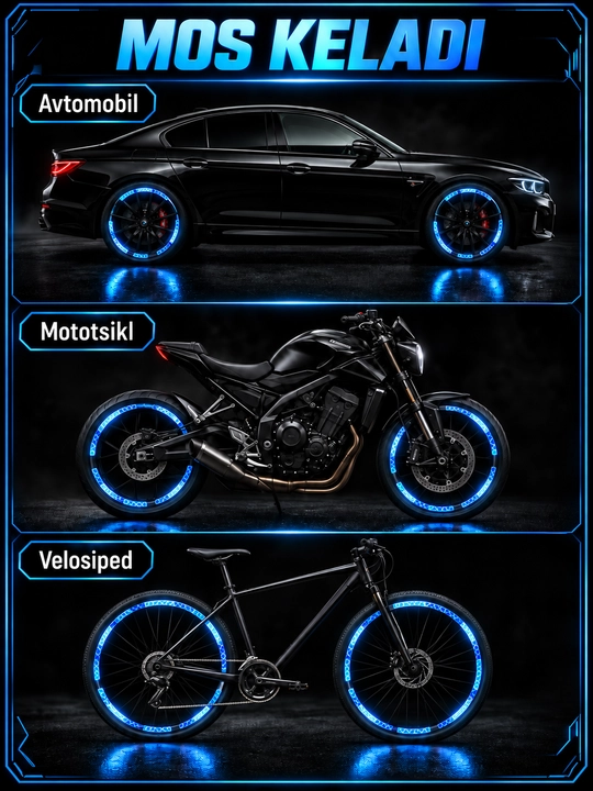 Velosiped avtomobil va mototsikl g‘ildiraklari uchun nur qaytaruvchi stikerlar 20 dona