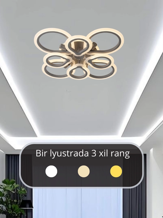 LED potolok lyustrasi 3 xil yoritish rejimi bilan, modern uslubda, tilla va qora rangda