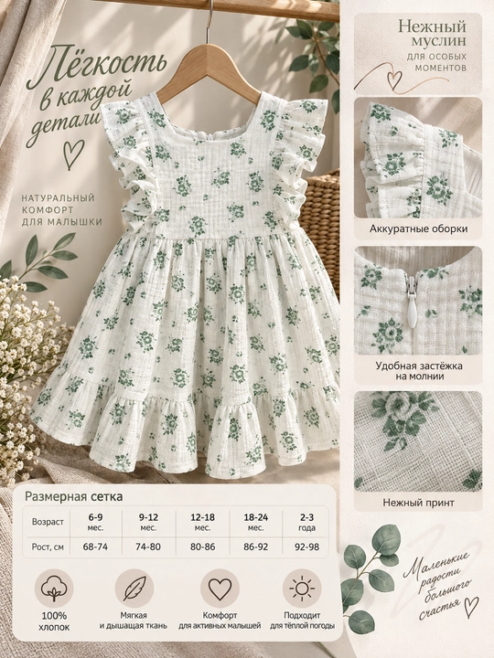Tiffany Baby muslin ko‘ylak, ekru rangda yashil gulli print bilan - 