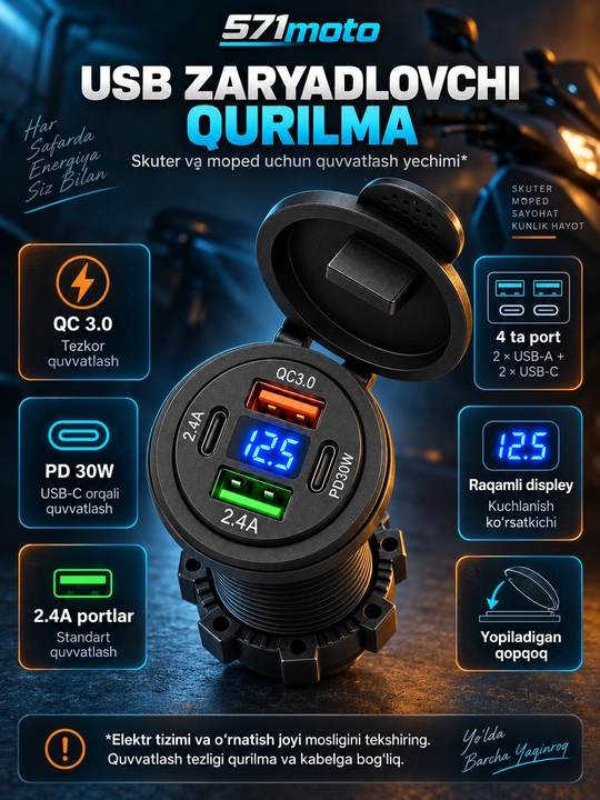 USB zaryadlovchi modul — QC 3.0, PD 30W, 4 ta port va raqamli displey - 