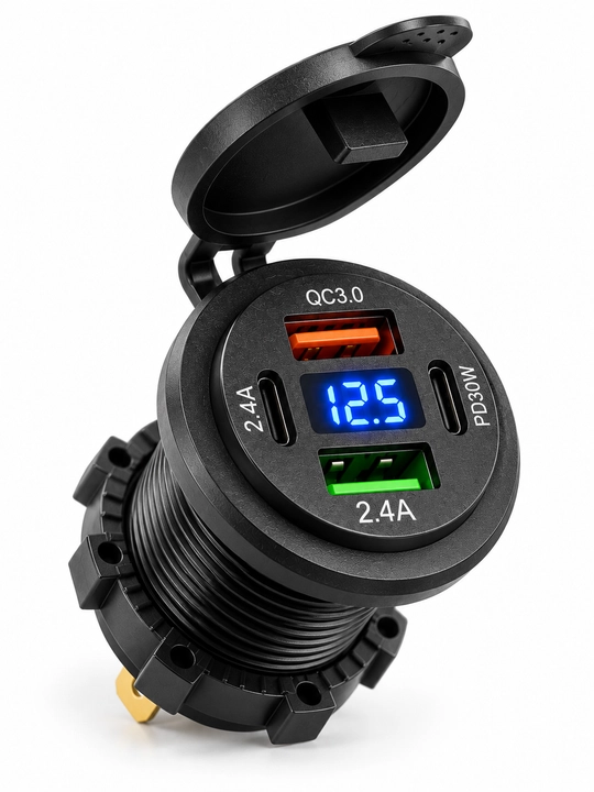 USB zaryadlovchi modul — QC 3.0, PD 30W, 4 ta port va raqamli displey