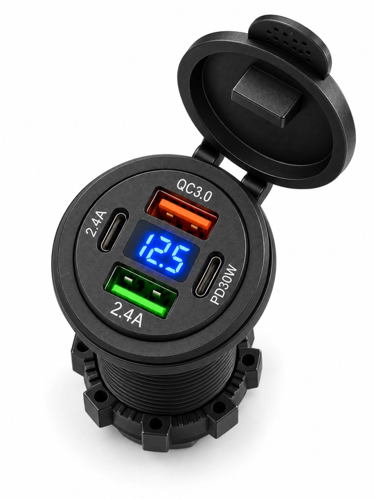 USB zaryadlovchi modul — QC 3.0, PD 30W, 4 ta port va raqamli displey