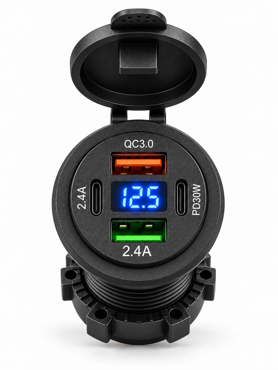 USB zaryadlovchi modul — QC 3.0, PD 30W, 4 ta port va raqamli displey